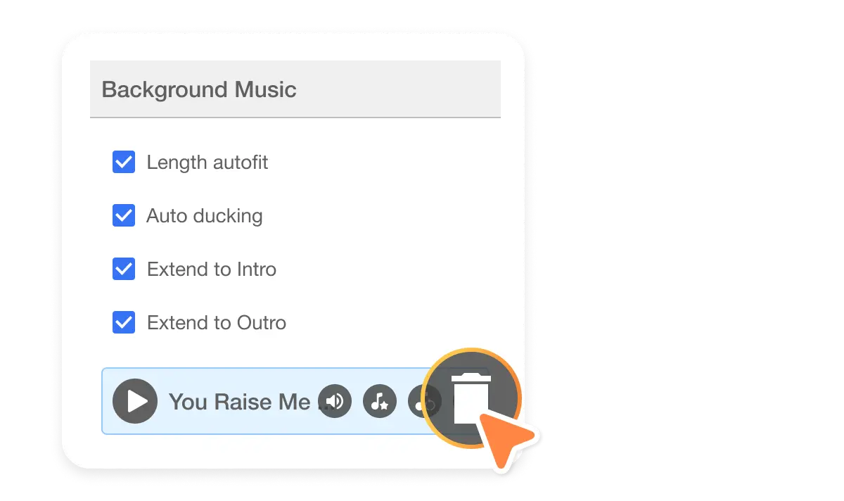 Adjust volume of video with dynamic background music options, including auto-fit, auto-ducking, and extending music into intros and outros for perfect audio control.